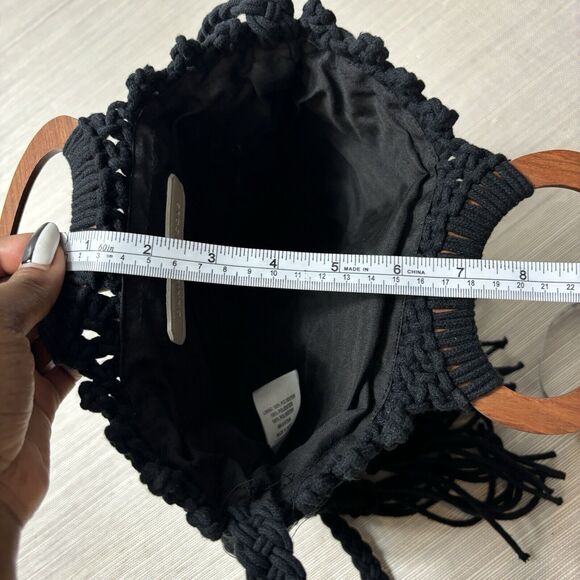 Danielle Nicole Macrame Crochet Boho Black Bag w/ Wood Handle & Crossbody Strap - Picture 13 of 13